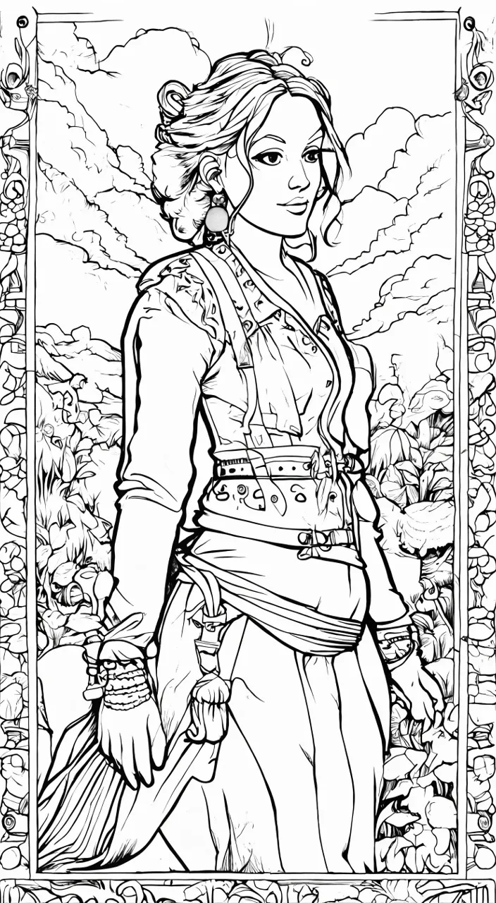 a coloring page of a woman with a sword