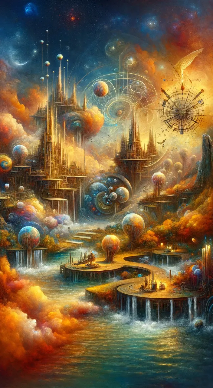 a painting of a fantasy city surrounded by clouds