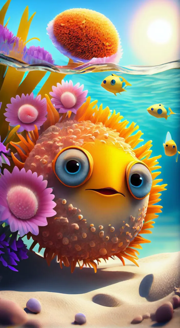 a cartoon puffer fish swimming in the ocean