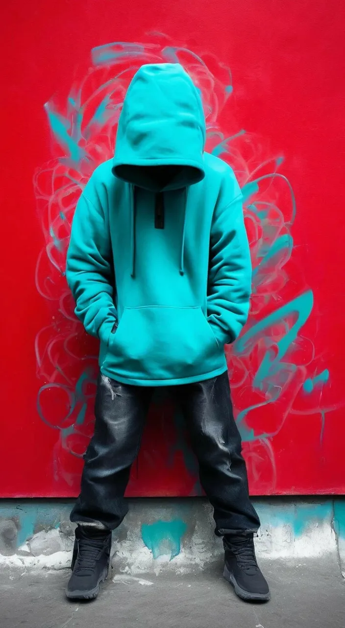 a person in a blue hoodie is sitting against a red wall