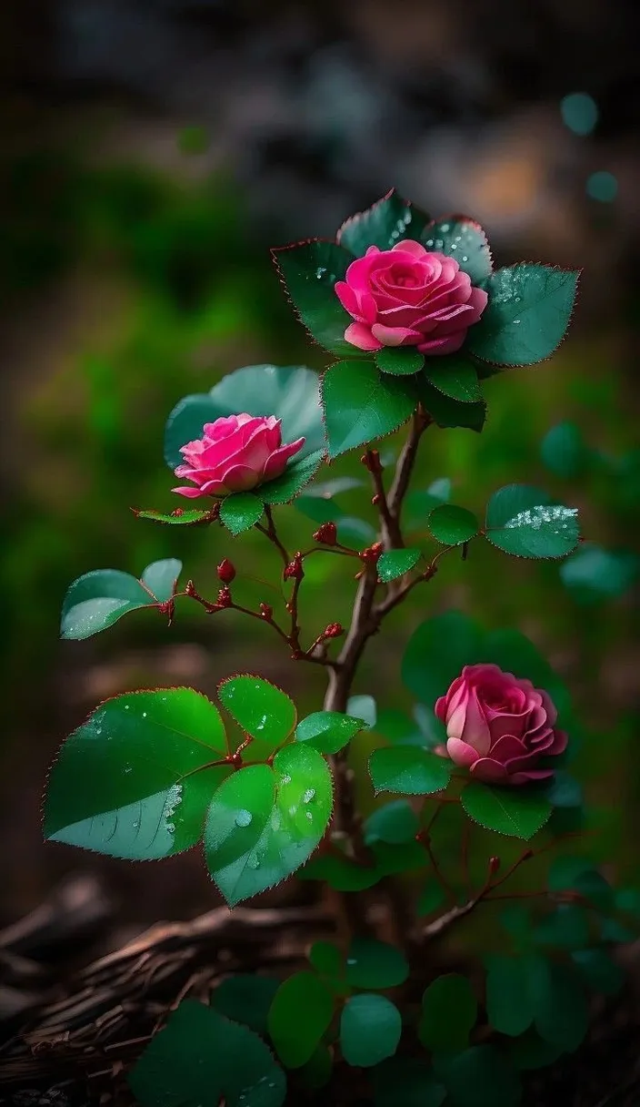 two pink roses with green leaves on a dark background