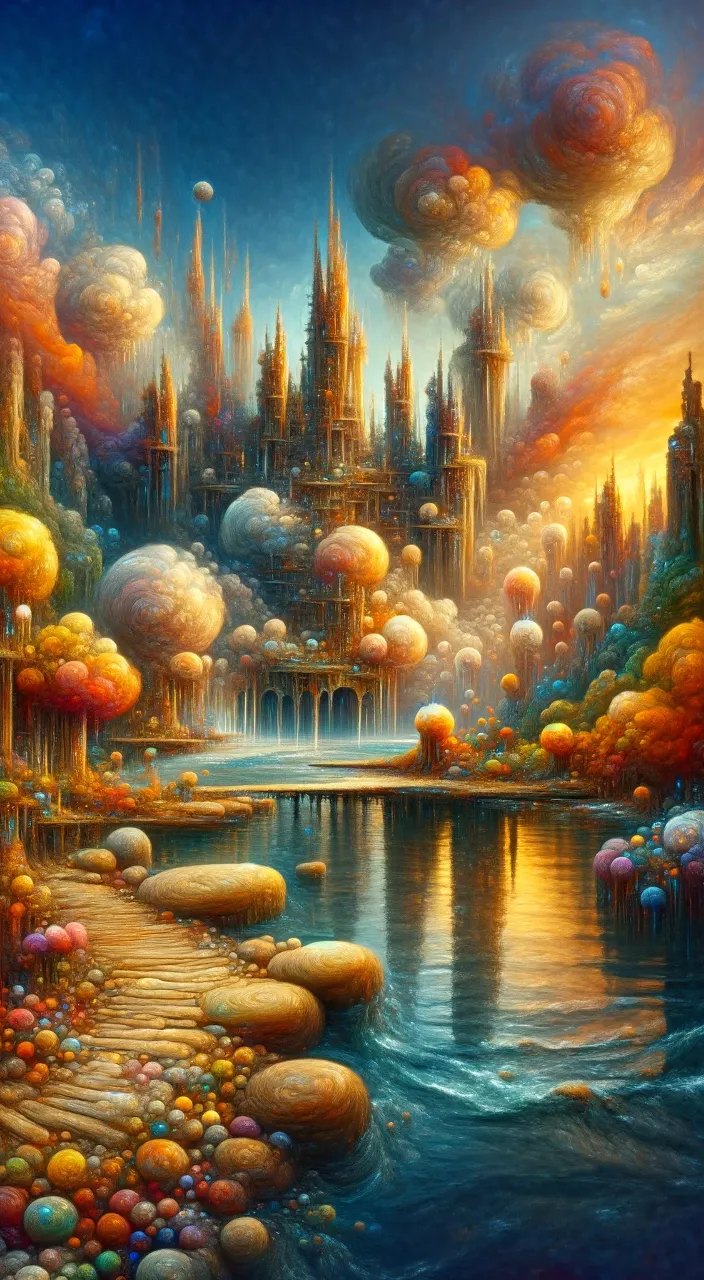 a painting of a fantasy city by the water