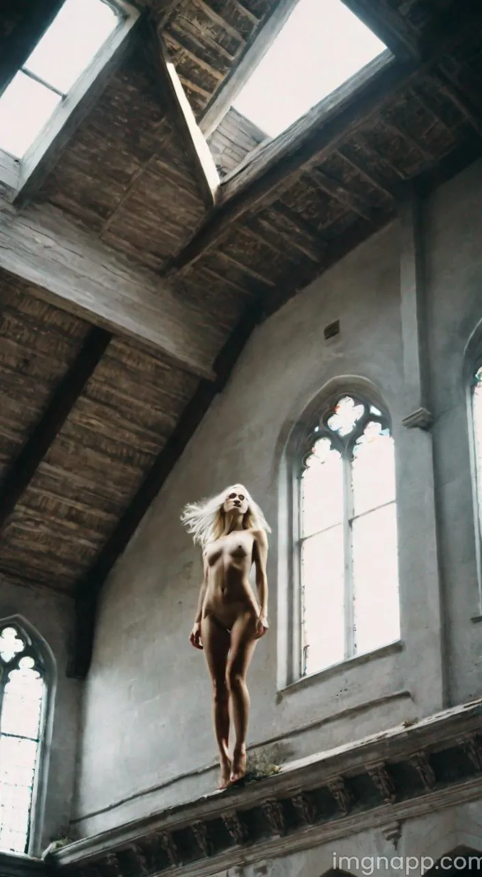 a beautiful  woman standing on a ledge in a building and ready to jump