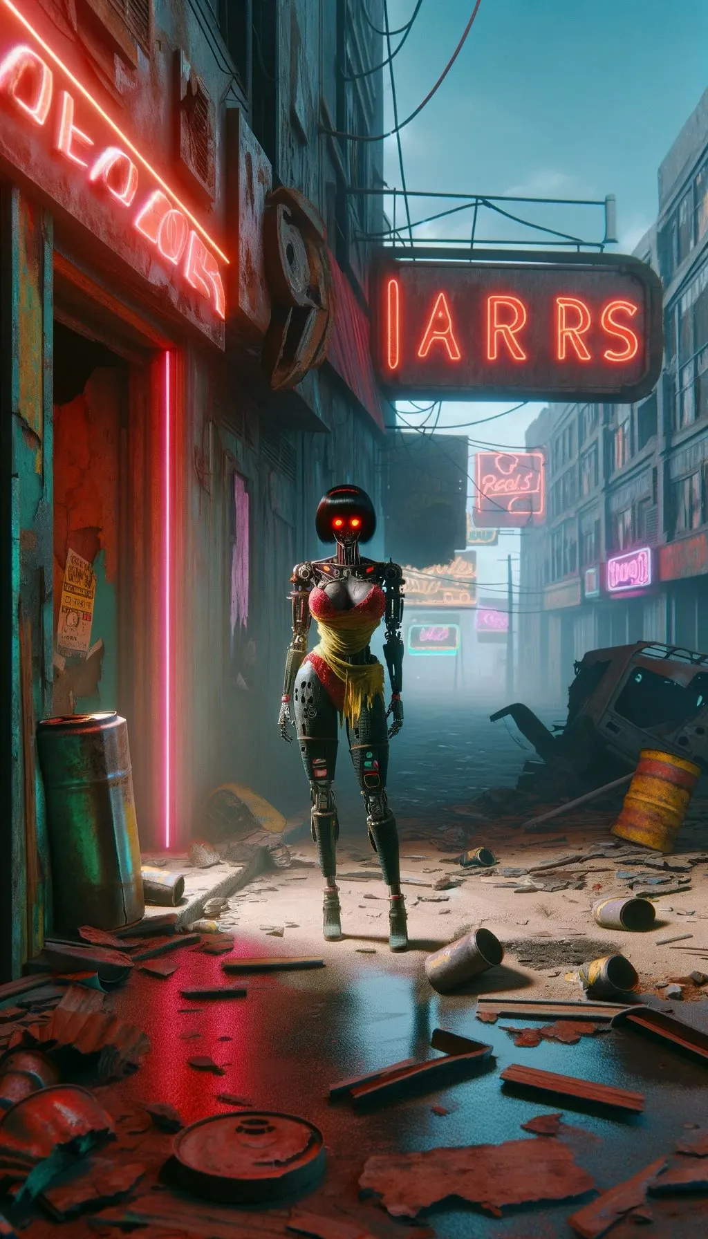 old robot girl walking down the street moving her mouth, bar signs burning in the background, advertising style