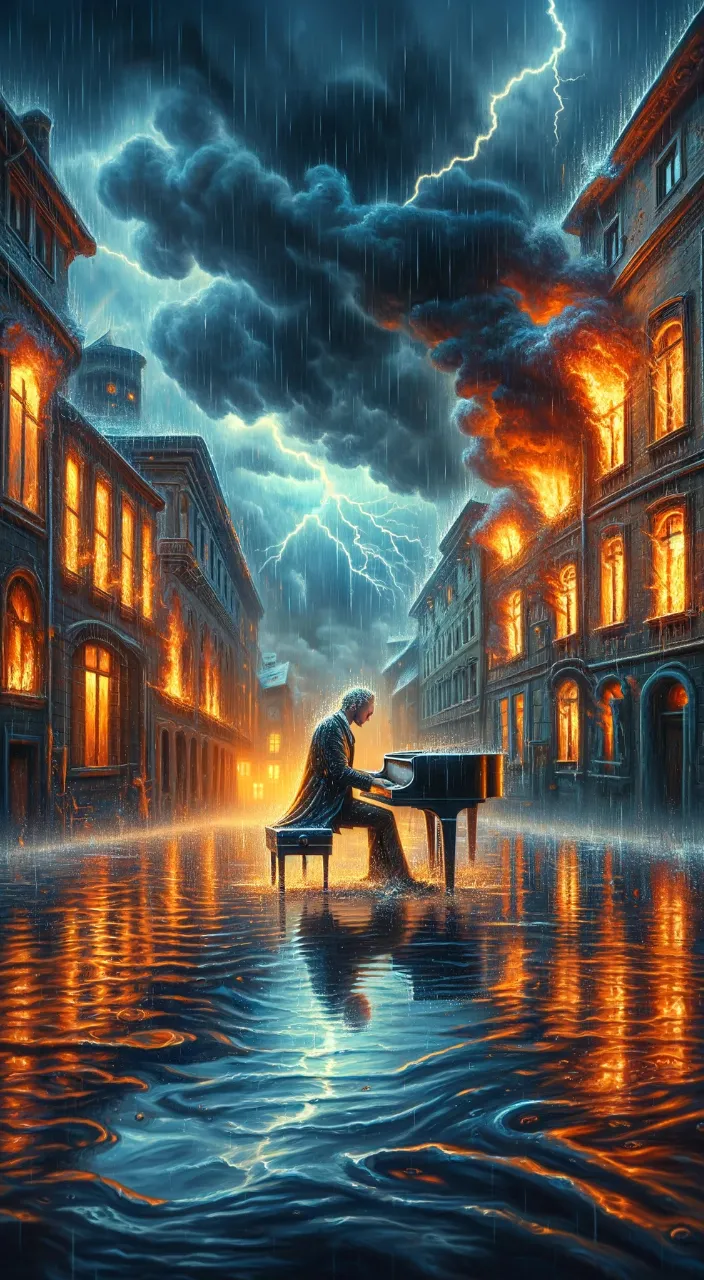 a painting of a man playing a piano in the rain