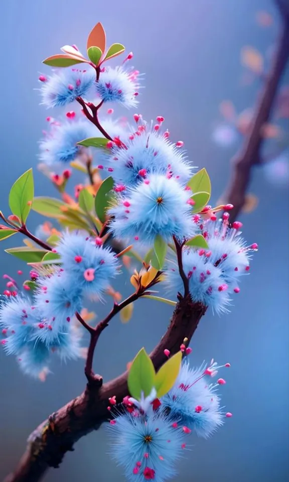 a branch with blue flowers and green leaves