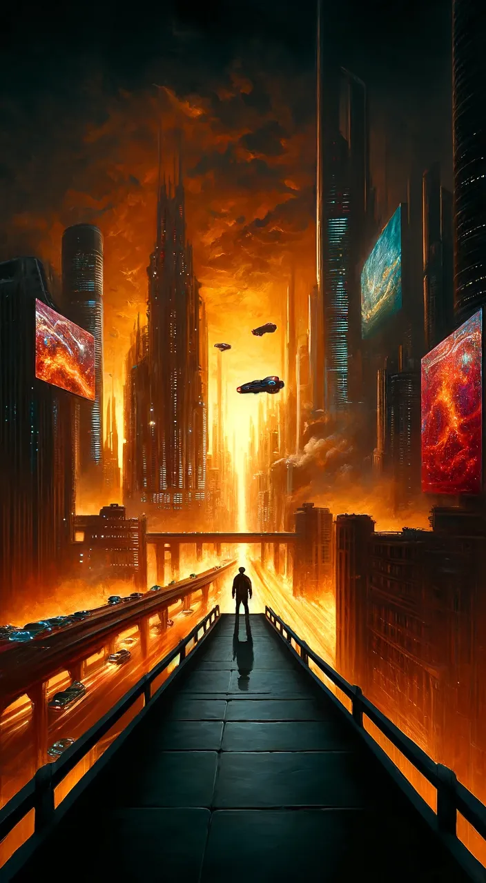 a man walking down a bridge in a futuristic city