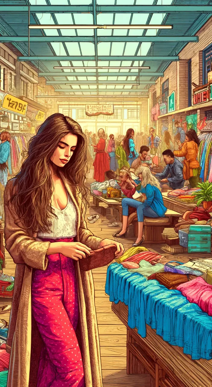 Woman in vintage boutique, surrounded by clothing racks and country decor