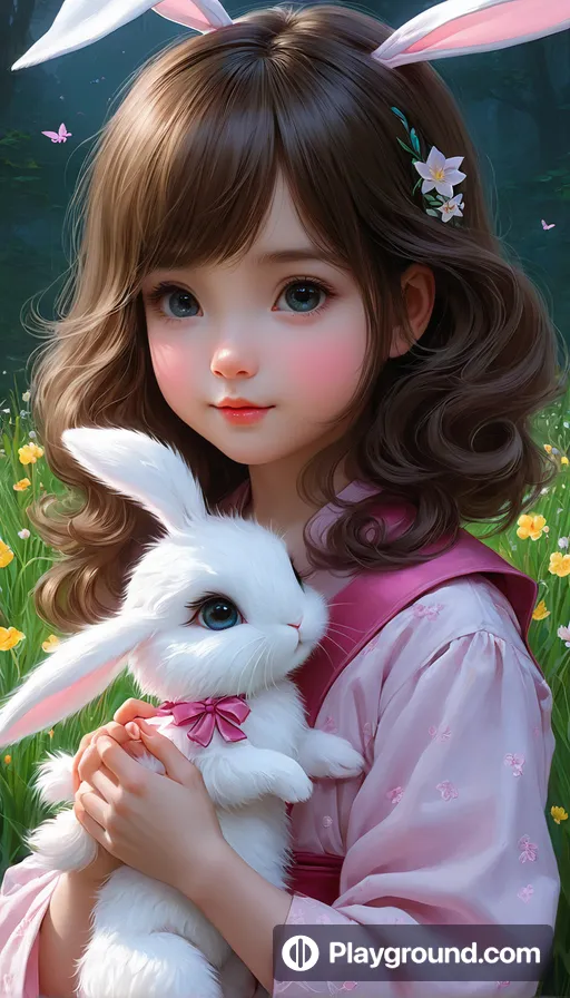 a painting of a girl holding a white bunny