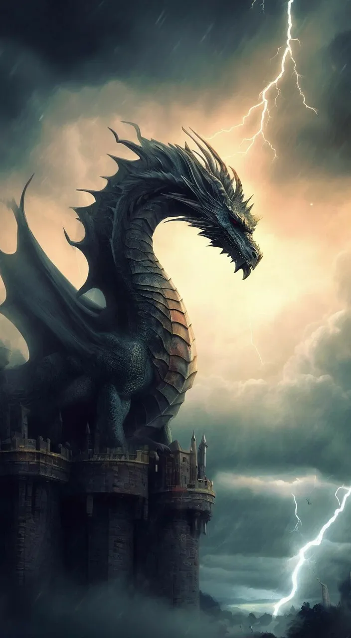 a dragon statue on top of a castle with lightning in the background