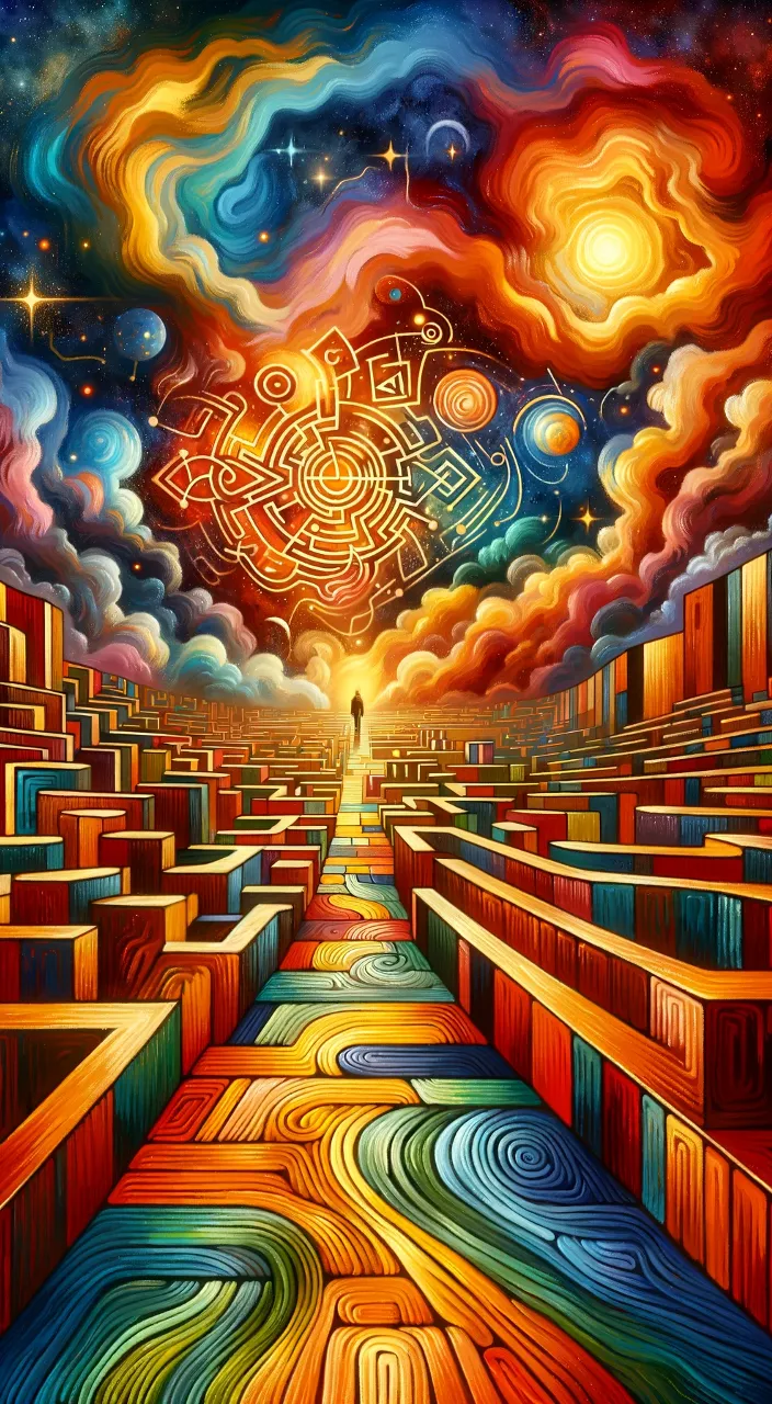 a painting of a person standing in a colorful space