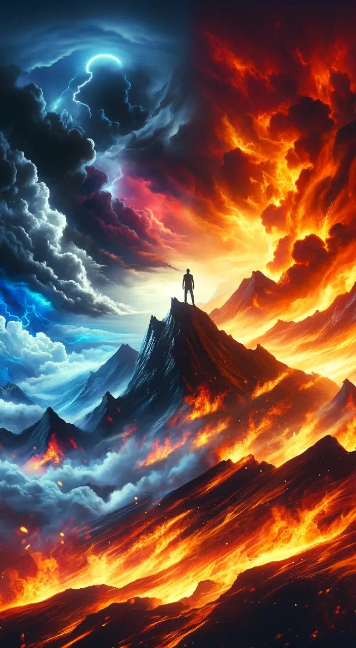 a painting of a man standing on top of a mountain