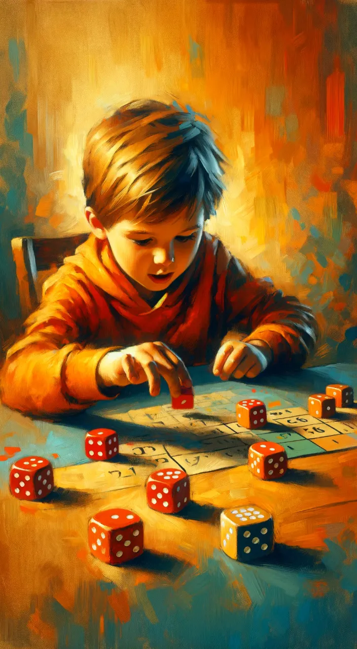 a painting of a boy playing with dices