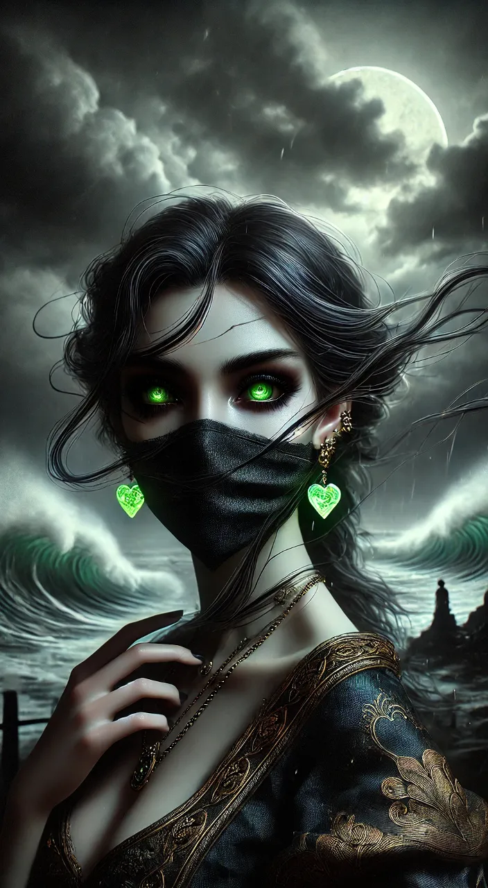 a woman with green blinking eyes wearing a black mask