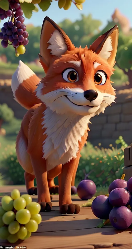 a fox standing next to a bunch of grapes