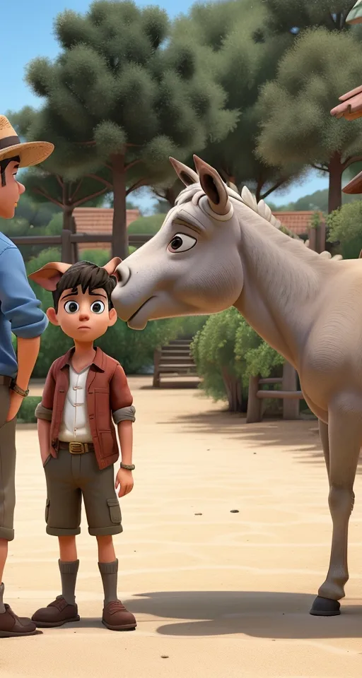 a man standing next to a horse and a boy