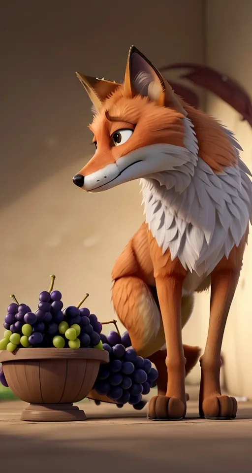 a fox sitting next to a bowl of grapes