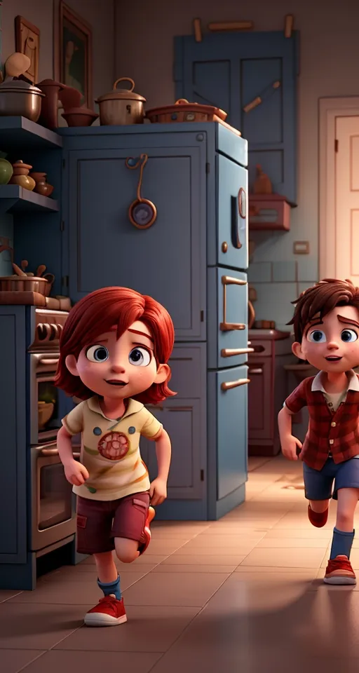 a boy and a girl walking in a kitchen