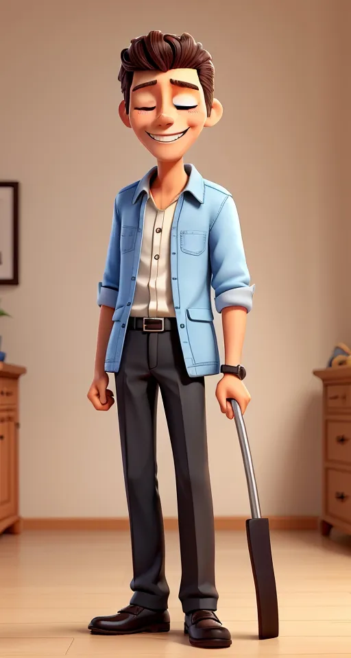 a cartoon character holding a cane in a living room