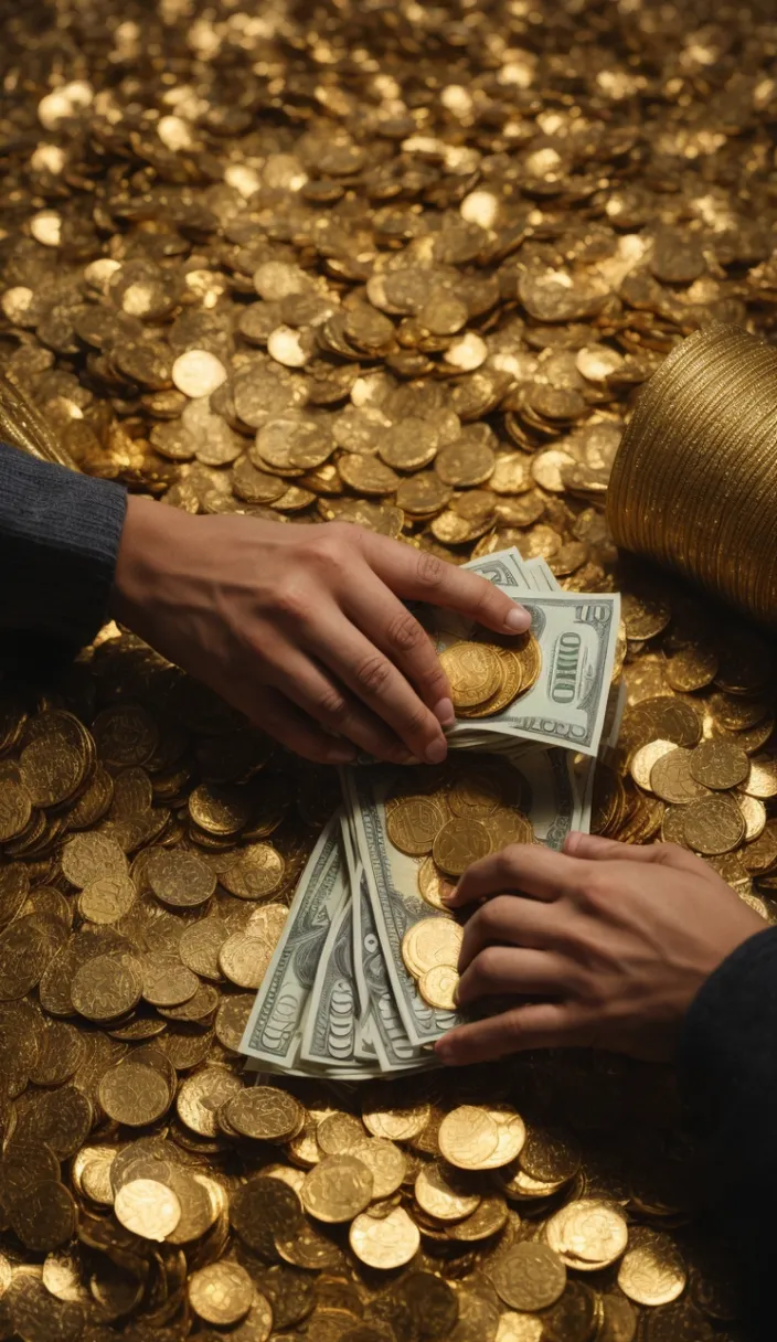 a person putting money in a pile of gold coins