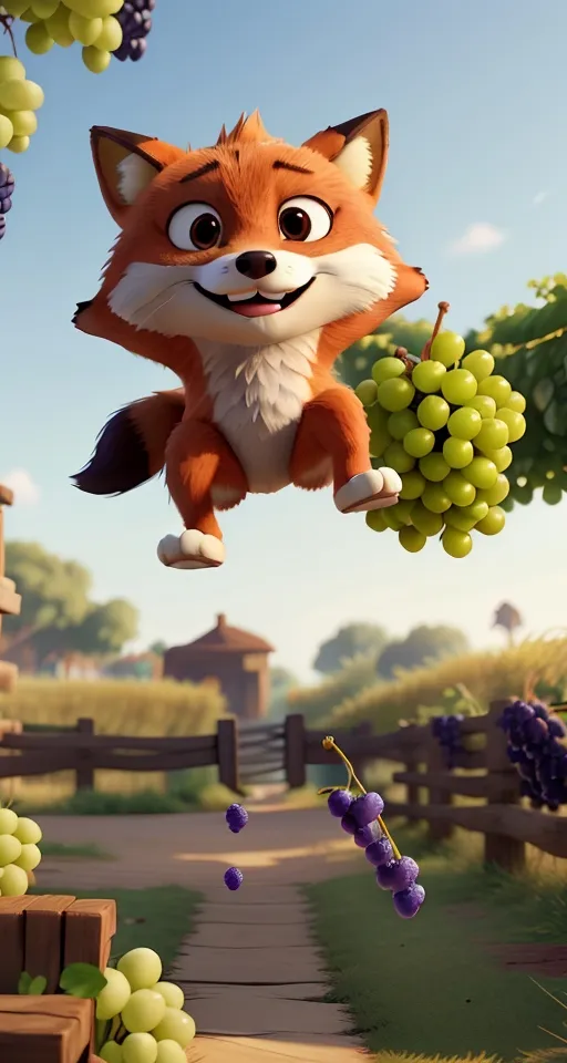 a fox flying through the air with a bunch of grapes