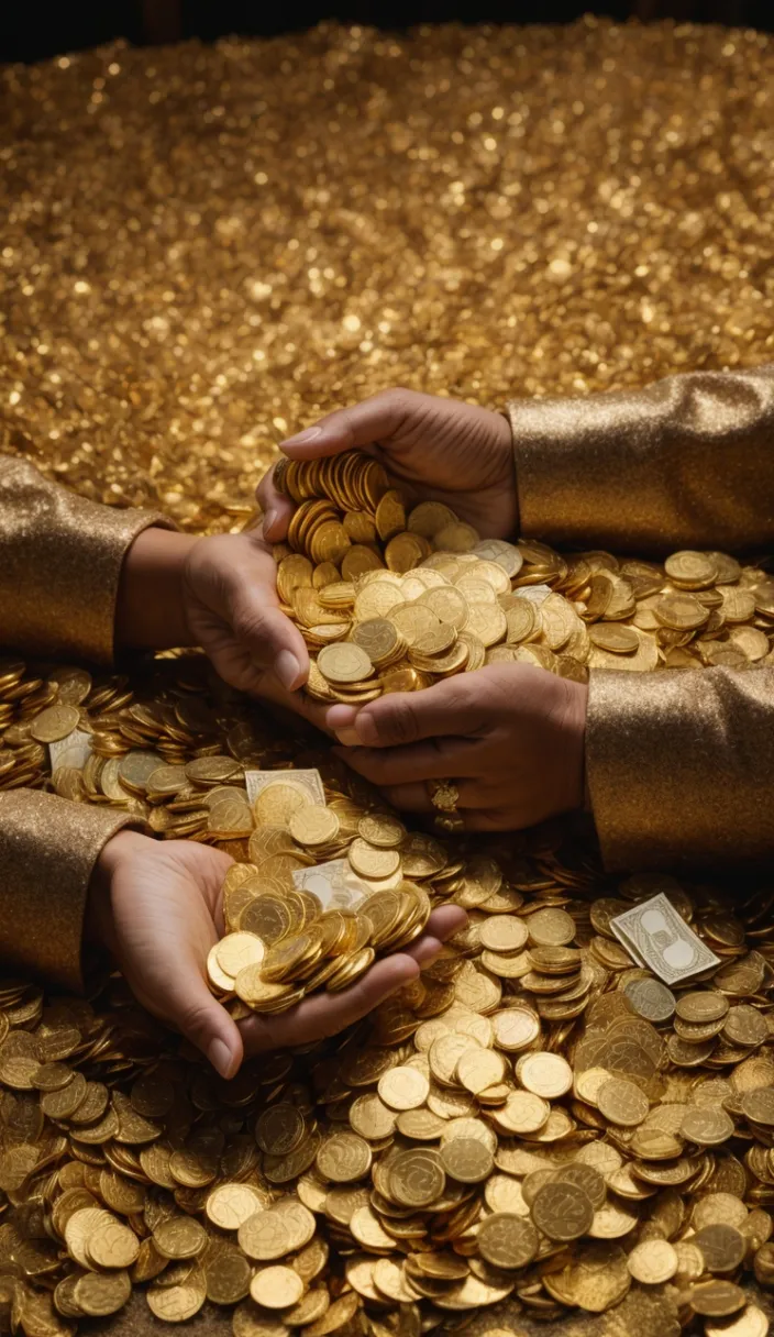 two hands holding gold coins in front of a pile of gold coins