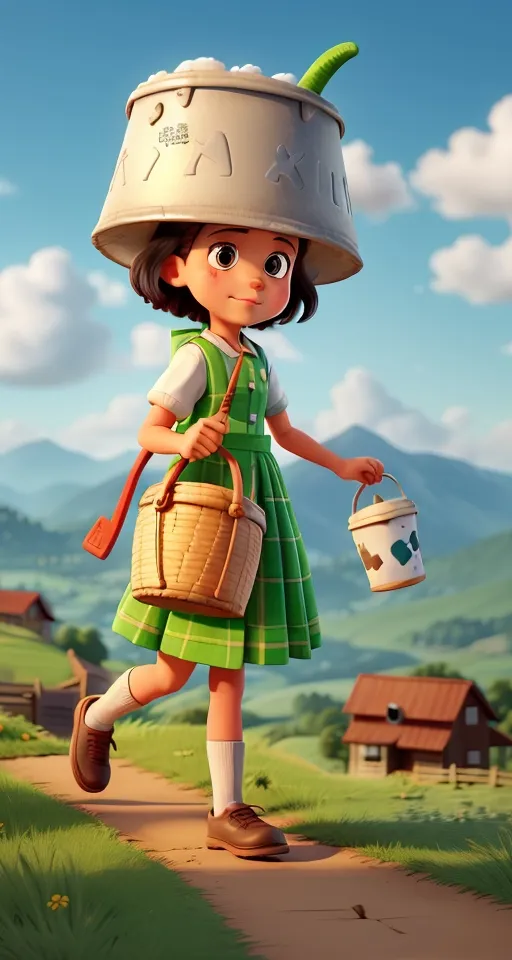 a girl in a green dress carrying a bucket