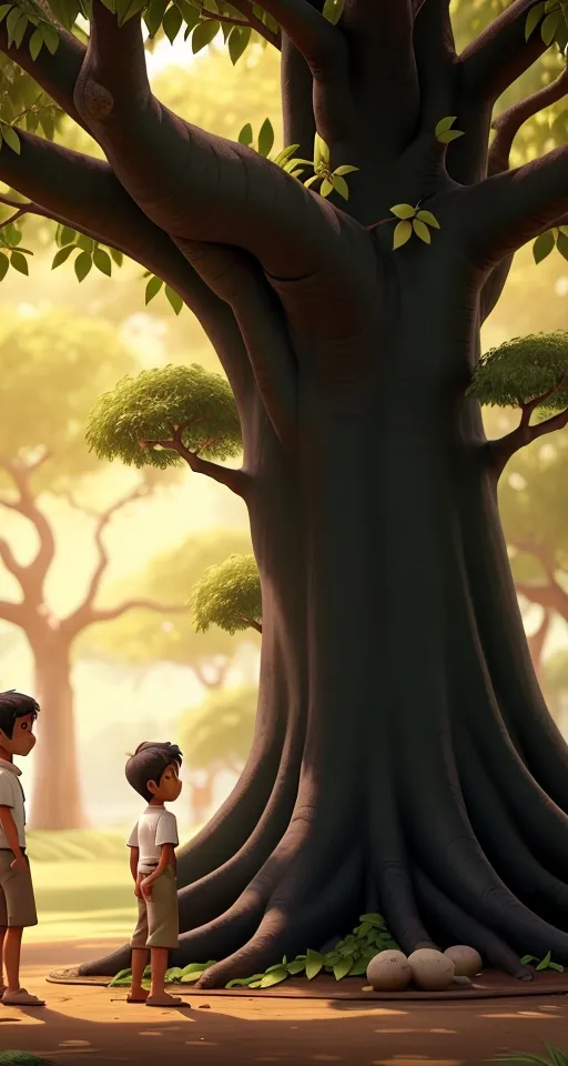 two children standing in front of a large tree