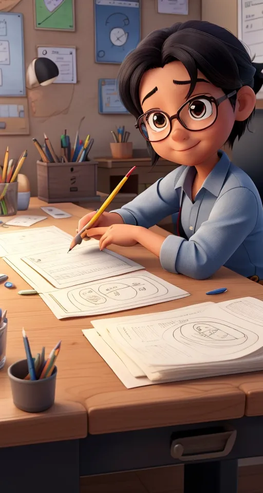 a cartoon character sitting at a desk with a pencil