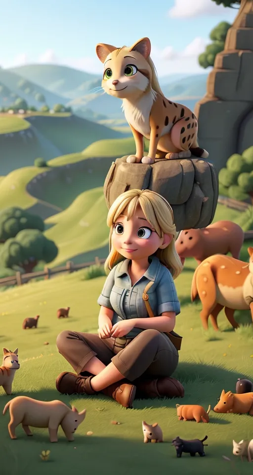 a girl sitting on top of a pile of animals