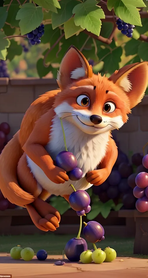 a cartoon fox with a bunch of grapes