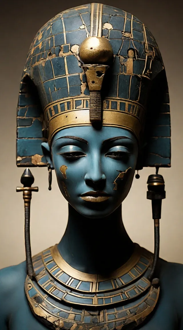 a statue of an egyptian queen wearing a blue headdress