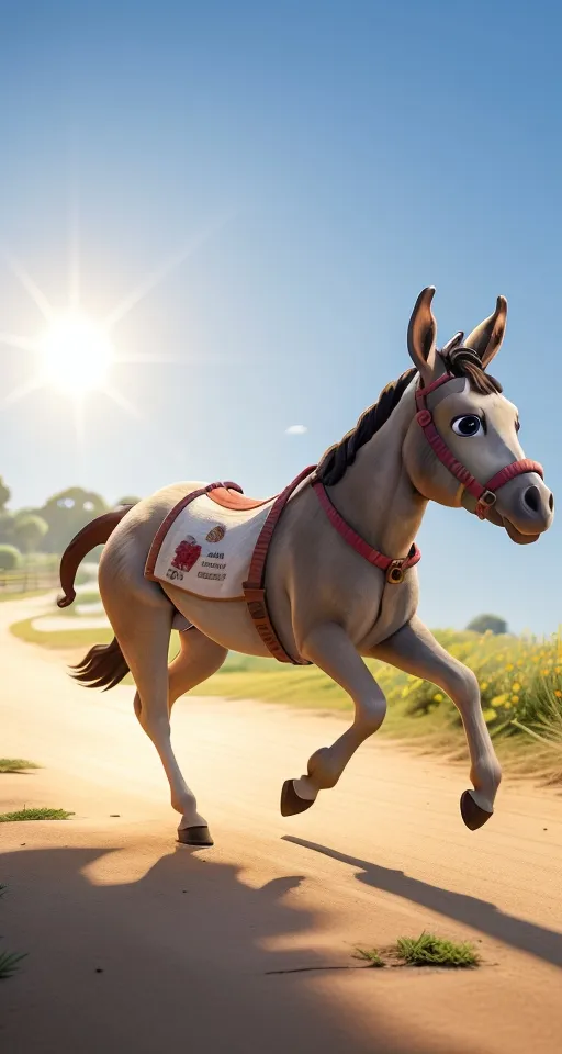 a cartoon horse running across a dirt road