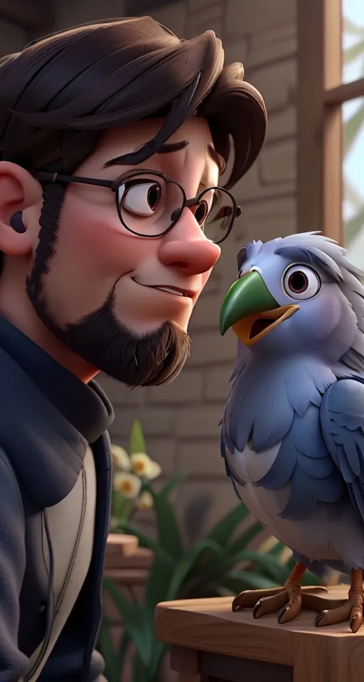 a man with glasses and a beard is next to a bird