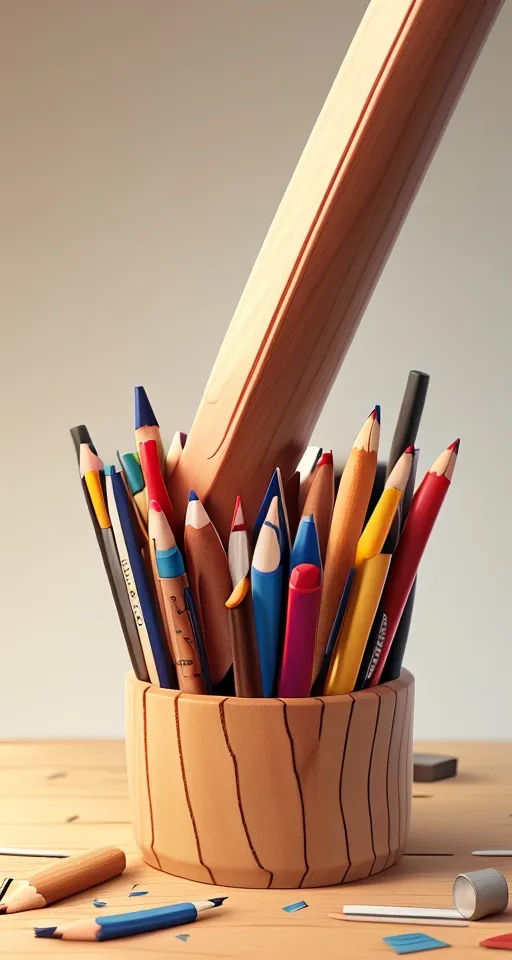 a cup full of colored pencils and a wooden pencil holder