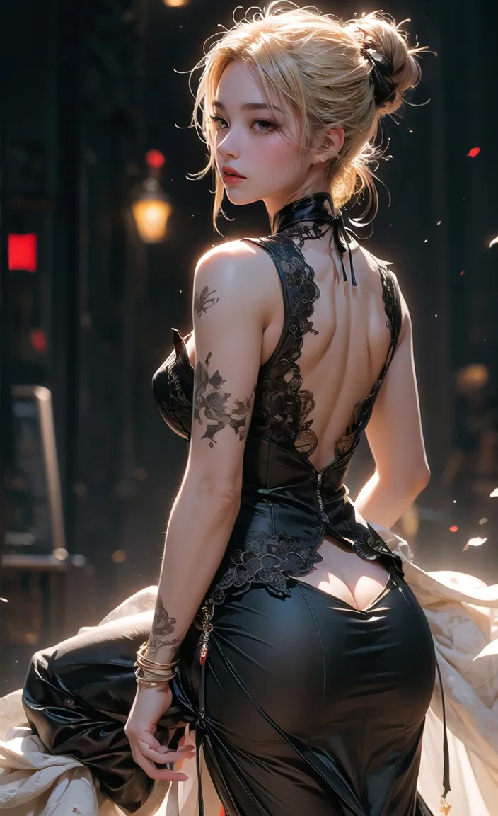 a woman in a black dress with tattoos on her back