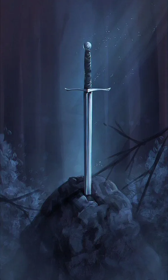 a painting of a sword in the middle of a forest