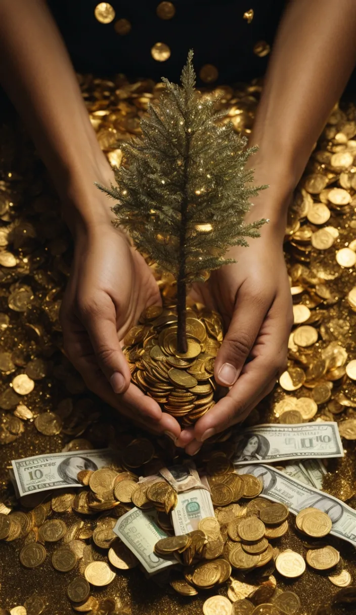 a person holding a small tree on top of a pile of money