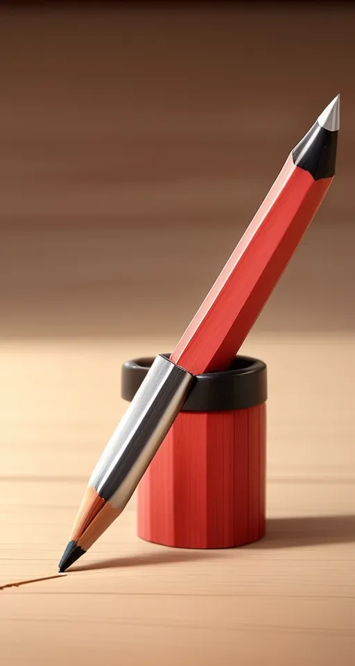 a red pen sitting on top of a wooden table