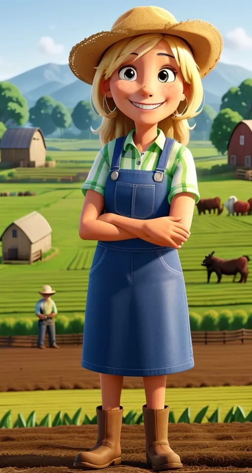 a cartoon character standing in front of a farm