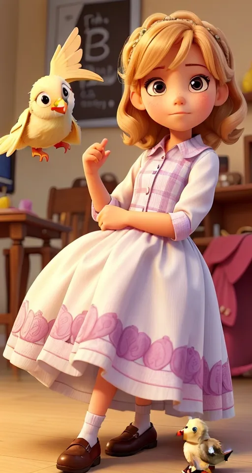 a little girl in a dress standing next to a bird