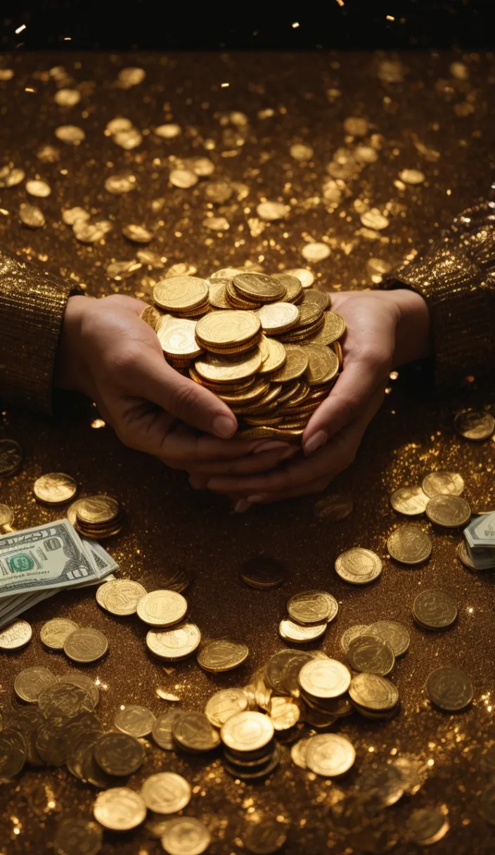 a person holding a pile of gold coins