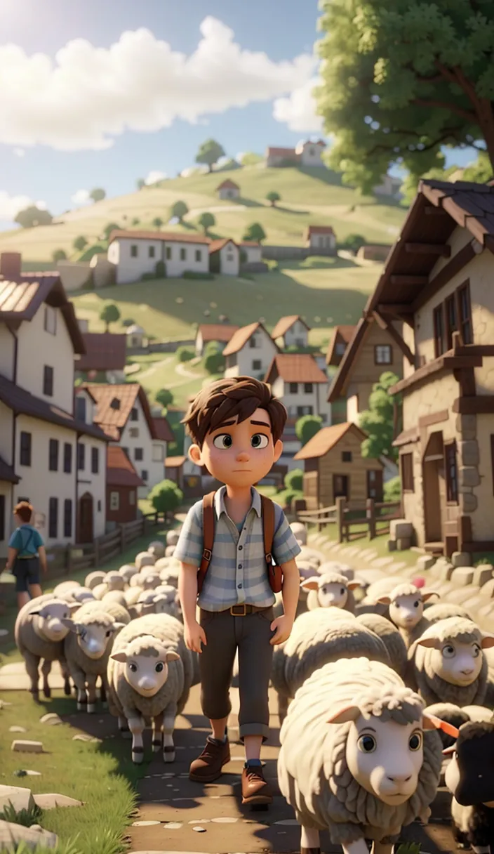 one boy standing in front of a herd of sheep