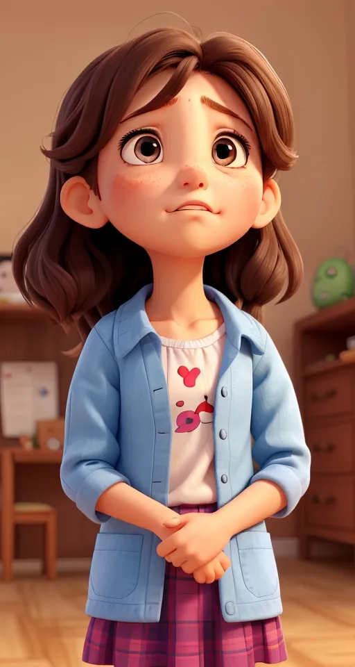 a cartoon girl in a blue jacket and pink skirt