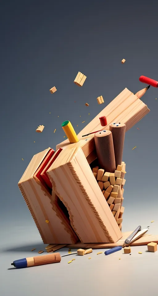 a pile of wooden blocks with a pencil and crayons