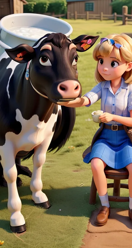 a little girl sitting on a chair next to a cow