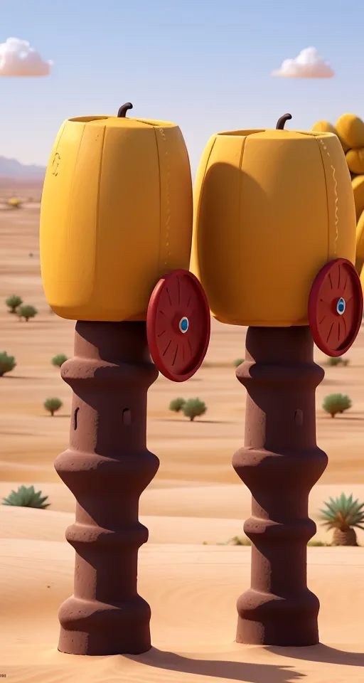 a couple of yellow objects sitting in the middle of a desert