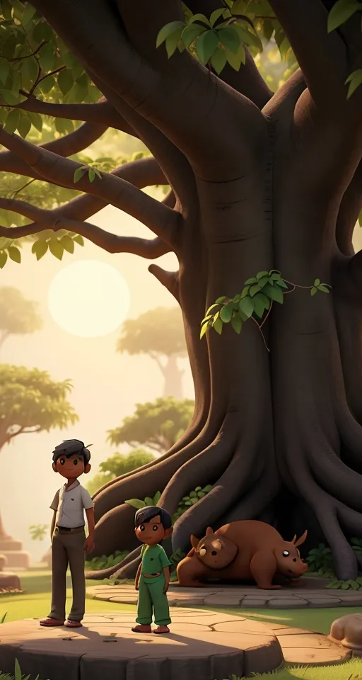 a boy and a boy standing in front of a tree