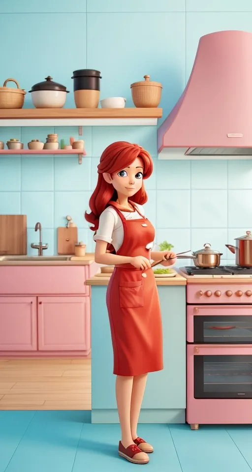 a woman standing in a kitchen next to a stove top oven