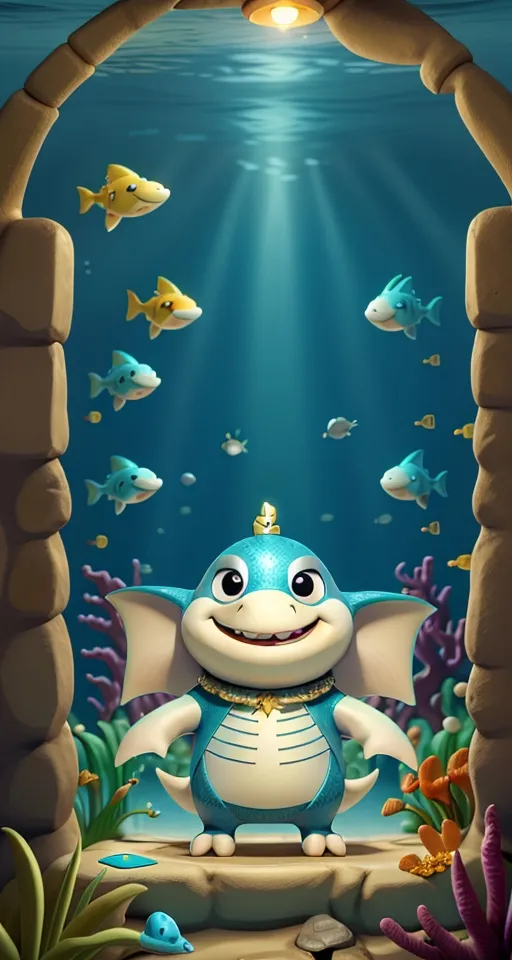 a cartoon character is standing in front of an aquarium